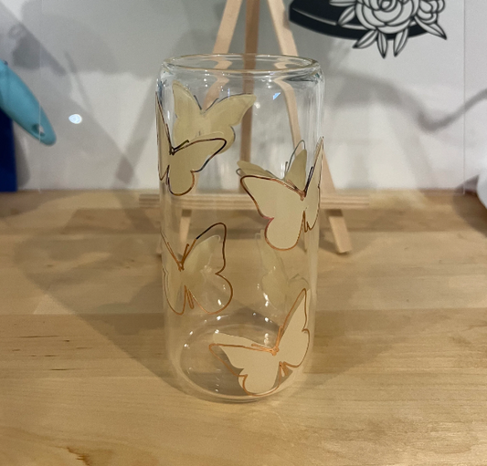 Boho butterfly 16oz glass with lid and straw | Glass Can | Gifts for her | Valentine’s Day |